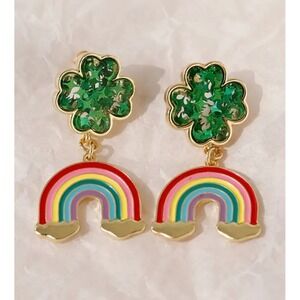 St Patrick's Day Rainbow Shamrock Drop Earrings Green Clover Confetti Gold Tone